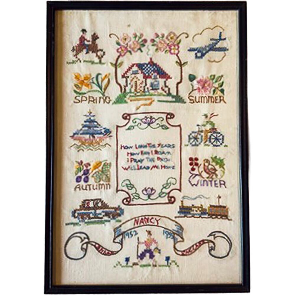 1950s Handmade Needlepoint Cross-Stitch "Lead Me Home" Framed 19"x13" Sampler